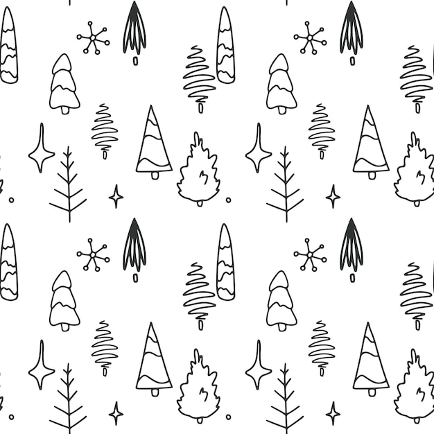 크리스마스 북유럽 겨울 숲 다른 나무 모양 손으로 그린 원활한 패턴 휴일 장식