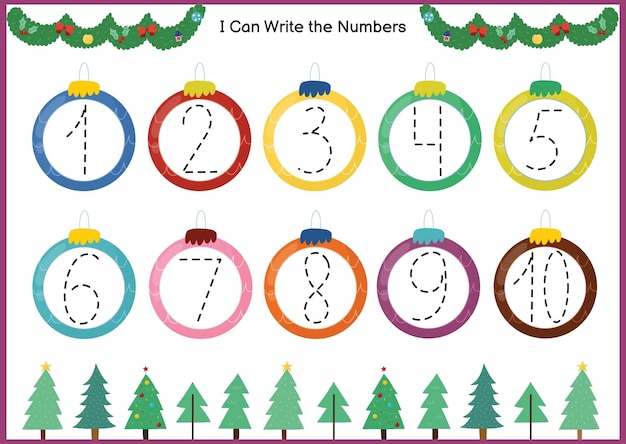 Gioco di tracciamento dei numeri di natale per bambini. impara a scrivere i numeri 1-10 pagina di attività per la scuola materna