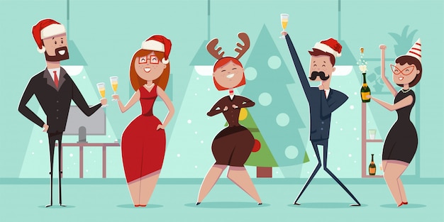 Vector christmas office party  cartoon people characters.