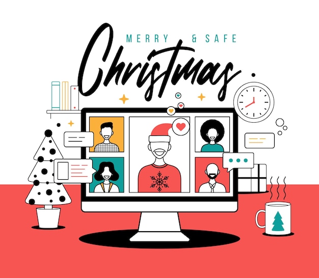 Saluto di natale online in stile contorno persone che si incontrano online insieme a familiari o amici videochiamate su computer discussione virtuale gruppo di persone che si incontrano in videoconferenza a natale