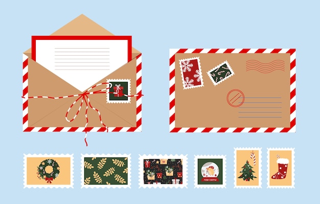 手紙とクリスマスのオープン封筒。正月切手。