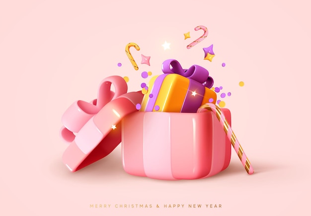 christmas open gift box. decorative festive object realistic 3d pink gifts boxes, cane candy, abstract confetti. xmas and new year design, element for birthday and valentine's day, wedding surprise