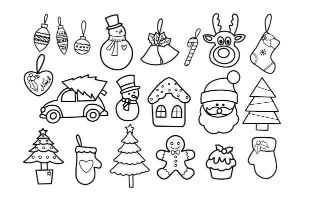 Christmas ornament elements hand drawn doodles set for decorative greeting card, banner