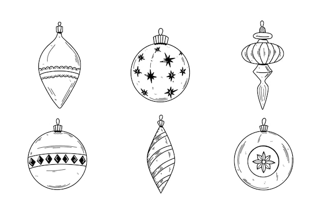 Christmas ornaments doodle set Xmas tree decorations Winter holidays and new year