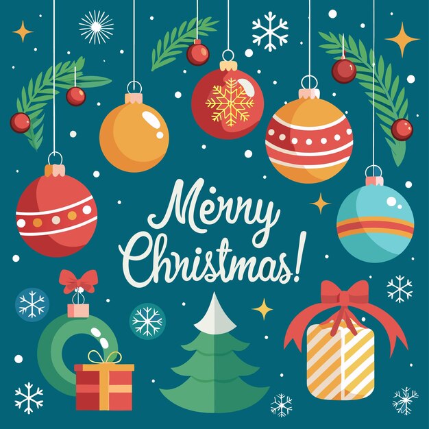 Vector christmas ornaments and gift with merry christmas text