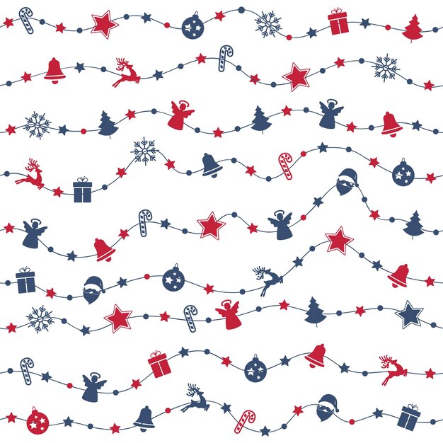 Vector christmas ornaments on rope line seamless pattern isolated background