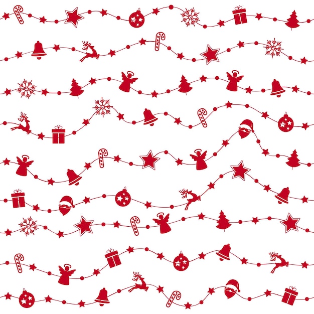 Vector christmas ornaments on rope line seamless pattern isolated white background