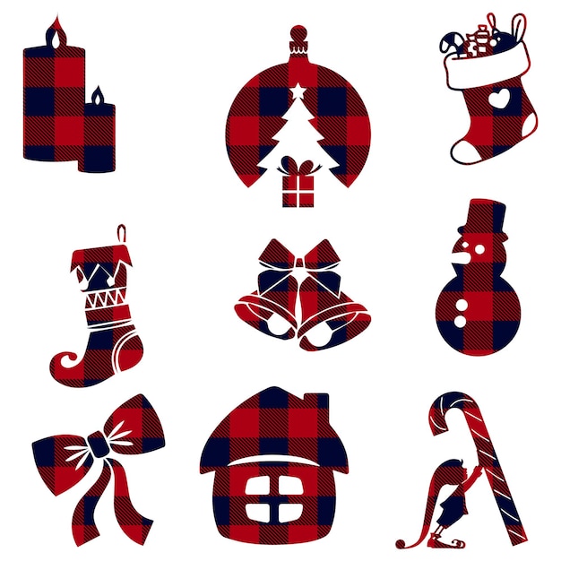 Vector christmas ornaments set with buffalo plaid