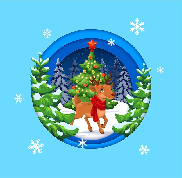 Banner di natale tagliato in carta con renna carina cartone animato nella foresta invernale vacanze di natale stagione invernale biglietto di auguri festivo papercut vettoriale o sfondo con albero di natale personaggio dei cartoni animati di cervo