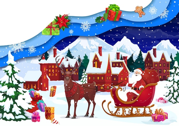 Christmas paper cut card winter snowy town and cartoon Santa on sleigh Cartoon vector 3d papercut art with funny Father Noel sitting in deer sled on night street with presents on snow at xmas eve