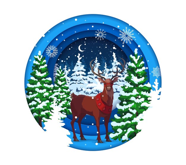 Vector christmas paper cut cartoon deer in winter forest vector greeting card with reindeer in night snowy wood in papercut trendy craft style new year double exposition 3d effect round frame or border