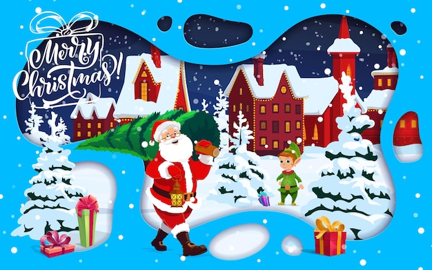 Christmas paper cut cartoon Santa going with pine tree to snowy town and gnome standing on snow with gifts Xmas and New Year paper cut banner or 3d vector wallpaper Christmas holiday greeting card