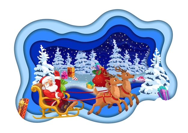 Christmas paper cut cartoon santa on sleigh