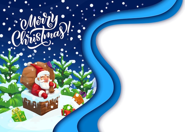 Cartella di auguri in carta di natale cartone animato di babbo natale sul tetto con borsa regali vector doppia esposizione cornice 3d per le vacanze di natale con il divertente padre noel bloccato nel camino la vigilia di natale mentre consegna regali