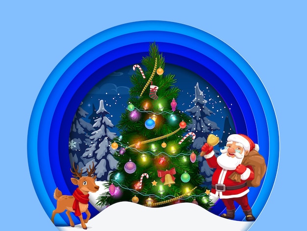 크리스마스 종이 컷 인사말 카드에는 만화 산타와 소나무 휴일 트리 근처의 순록이 있습니다. 벡터 크리스마스와 새해 선물 산타클로스 캐릭터와 3d 계층 종이접기 프레임에 크리스마스 트리가 있는 사슴