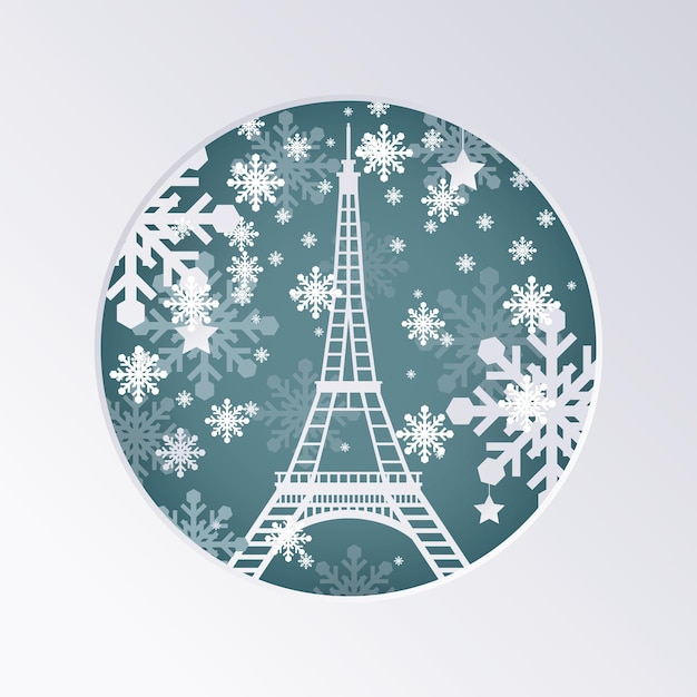 Vector christmas paper cut greeting card with eiffel tower in paris france. vector illustration. happy new year concept with snowflakes.