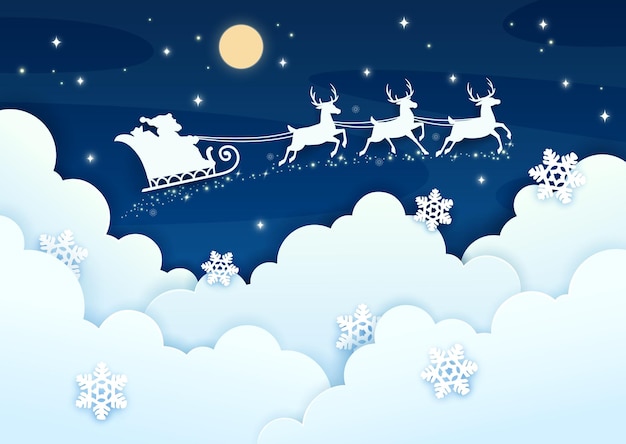 Christmas paper cut greeting with Santa sleigh silhouette on night cloudy sky Vector xmas holiday papercut art with father Noel rides reindeer sled over cloudscape with layered 3d fluffy cloud effect