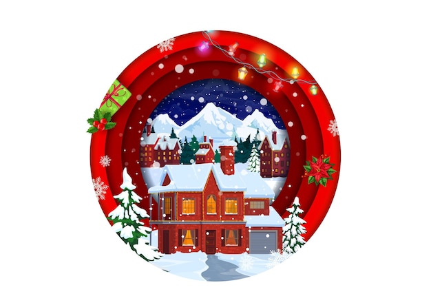 Christmas paper cut landscape with winter house building and presents vector Merry holidays Xmas village or town with snowy homes in circle frame of 3d layers Christmas lights gifts and snowflakes