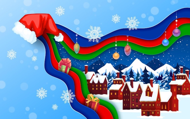 Рождественский вырезанный из бумаги постер в шапке санты зимний городок