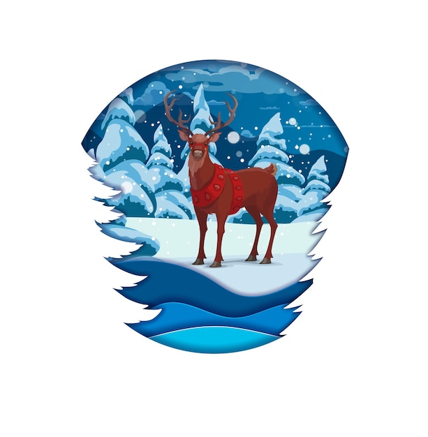 Christmas paper cut Santa deer in snowy forest