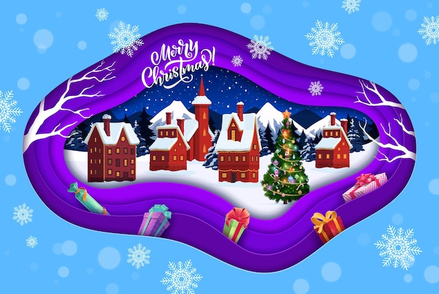 크리스마스 종이는 빨간색 건물과 휴일 소나무로 겨울 마을 풍경을 잘라냅니다. 새해 Xmas 축하 3d 배경 또는 벡터 배경 눈 덮인 마을이 있는 크리스마스 종이 컷 인사말 카드