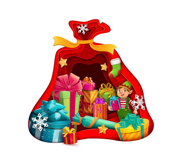 वेक्टर christmas paper cut with santa gift bag and gnome