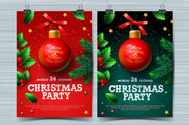 Modelli di design per feste di natale, poster con palla e decorazioni natalizie