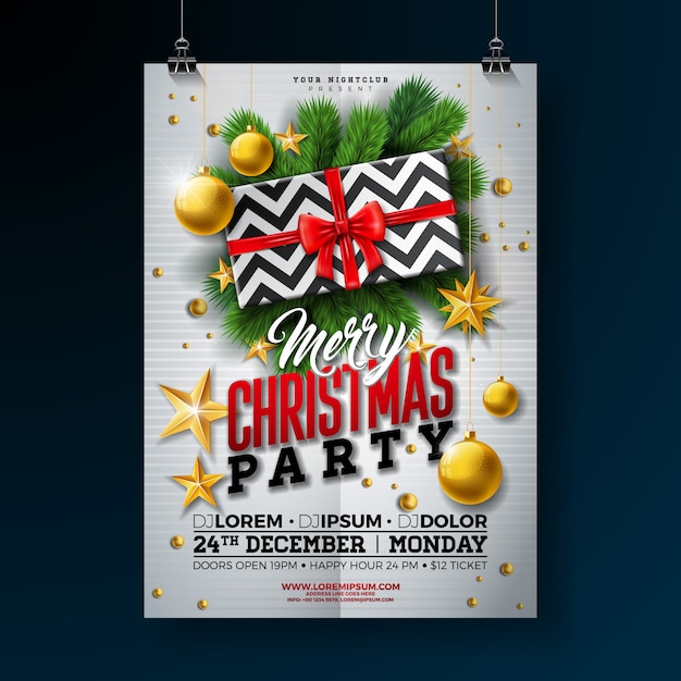 Christmas party flyer design met geschenkdoos en glazen bal