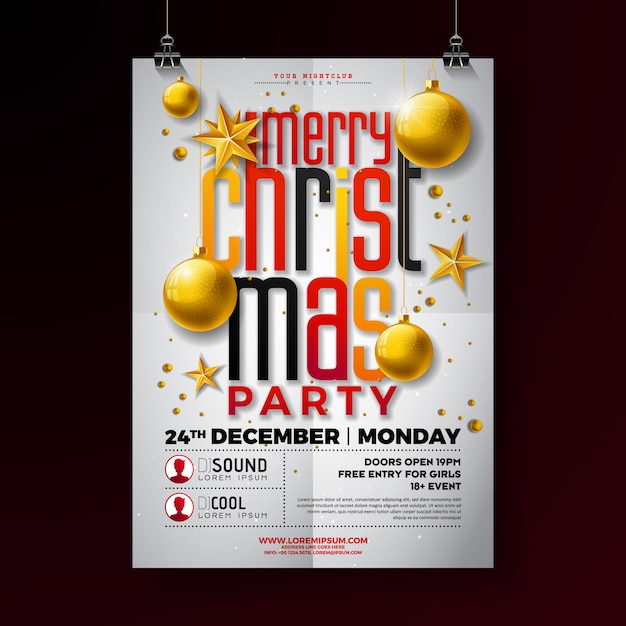 Christmas party flyer design with gold star and glass ball