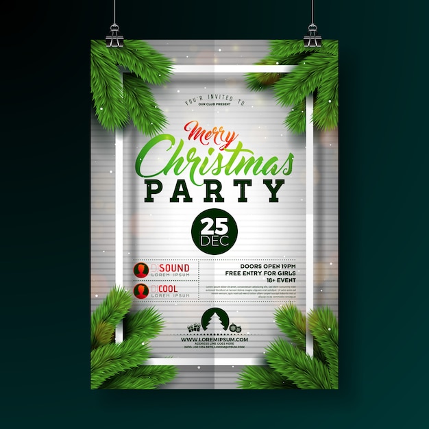 Vector christmas party flyer design with typography and pine branch