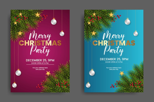소나무 가지와 크리스마스 공이 있는 크리스마스 파티 전단 또는 포스터 디자인 템플릿 장식