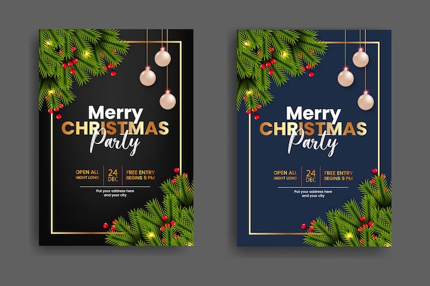 Christmas party flyer or poster design template decoration with pine branch and christmas ball