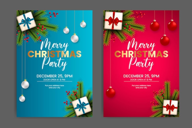 christmas party flyer or poster design template decoration with pine branch and christmas ball