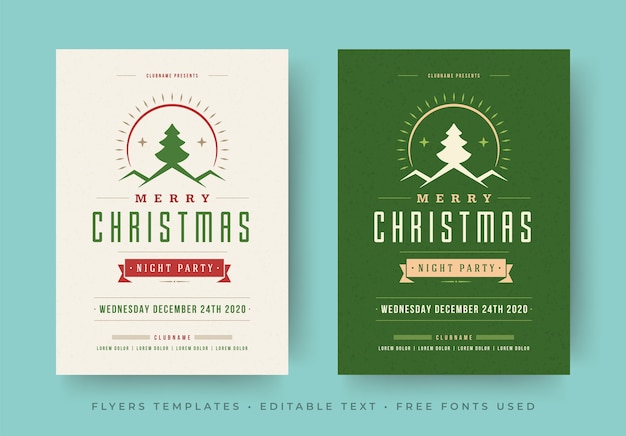 Christmas party flyers posters templates set with editable fonts retro vintage typograhic design