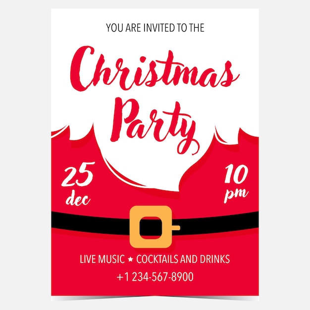 Christmas party invitation card or banner with Santa Claus red suit and his white beard.