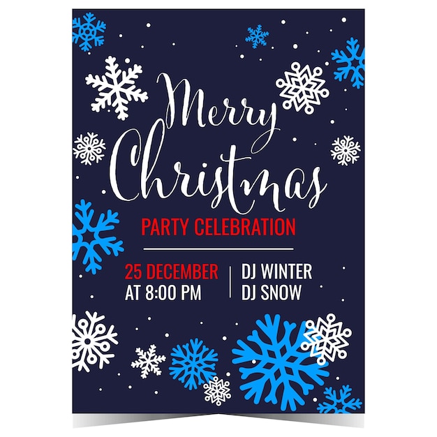 Christmas party invitation flyer or promo brochure with decorative snowflakes on the background