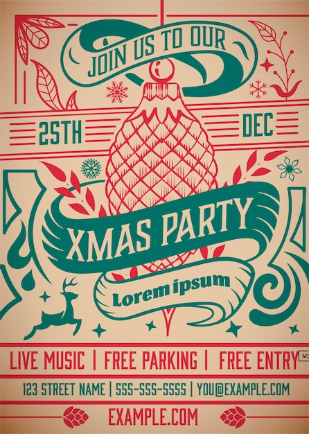 Vector christmas party invitation retro typography and ornament decoration