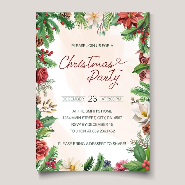christmas party invitation template with winter flowers and fir tree branches merry christmas