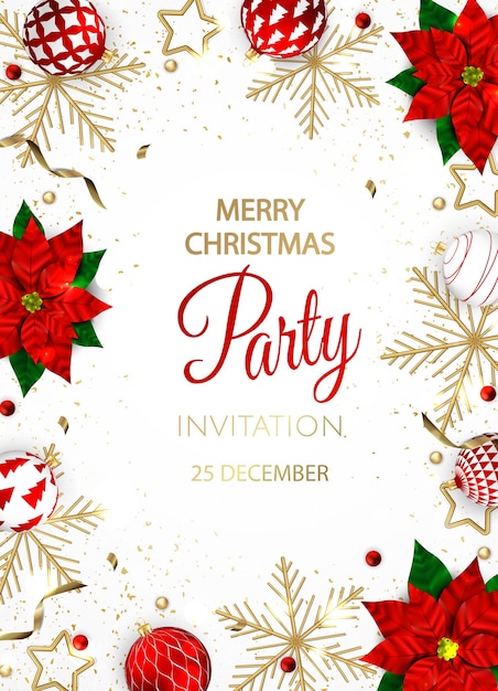 Christmas party invitation with balls and gold snowflakes.