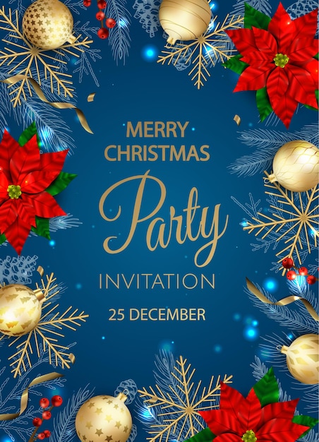 Christmas party invitation with balls and gold snowflakes