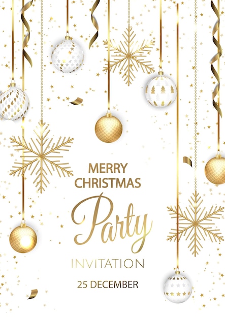 Christmas party invitation with balls and gold snowflakes