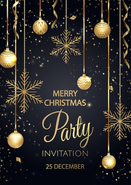 Christmas party invitation with balls and gold snowflakes