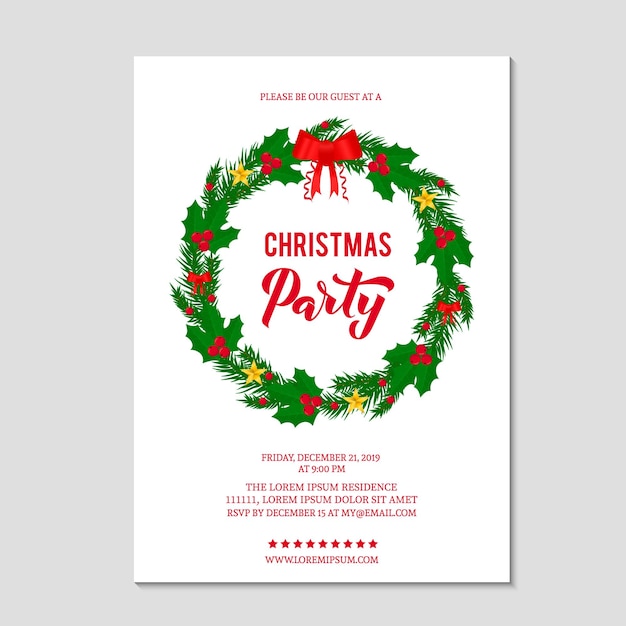 Christmas party invitation with lettering wreath of fir tree branches red berries and gold stars winter holidays celebration invite easy to edit vector template