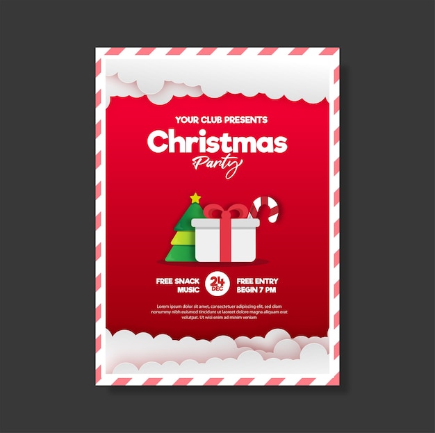 Vector christmas party poster template with gift tree candy and other