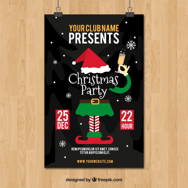 Vector christmas party poster with elf and champagne