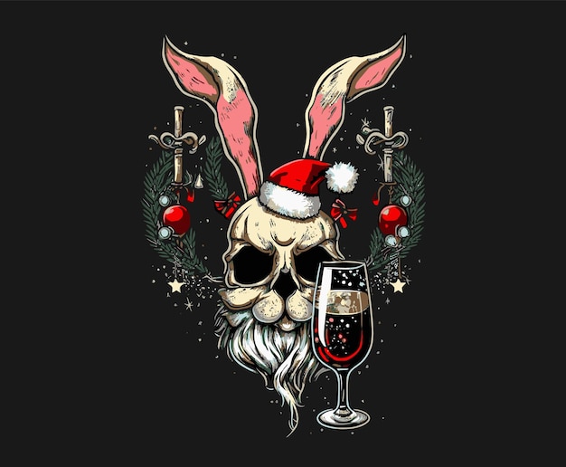 Christmas party poster with Santa Claus bunny skull Illustration, New Year creepy design