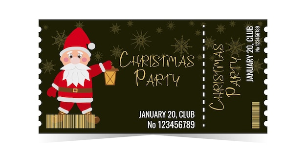 Vettore christmas party ticket layout template card design babbo natale tiene in mano una lanterna biglietto d'invito per le vacanze invernali illustrazione piatta vettoriale