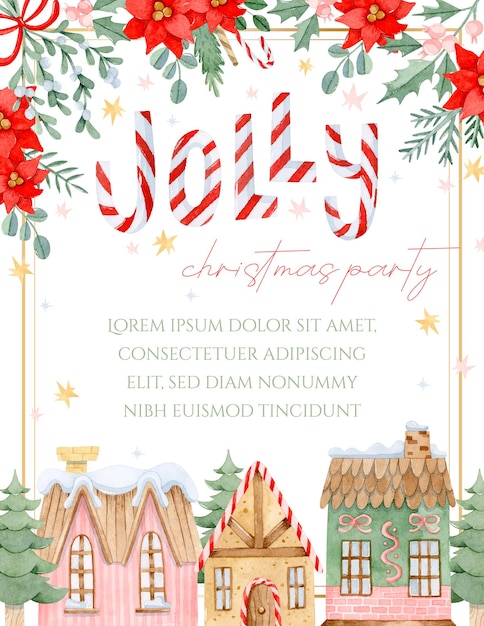 Vector christmas party watercolor invitation template with christmas village and lettering