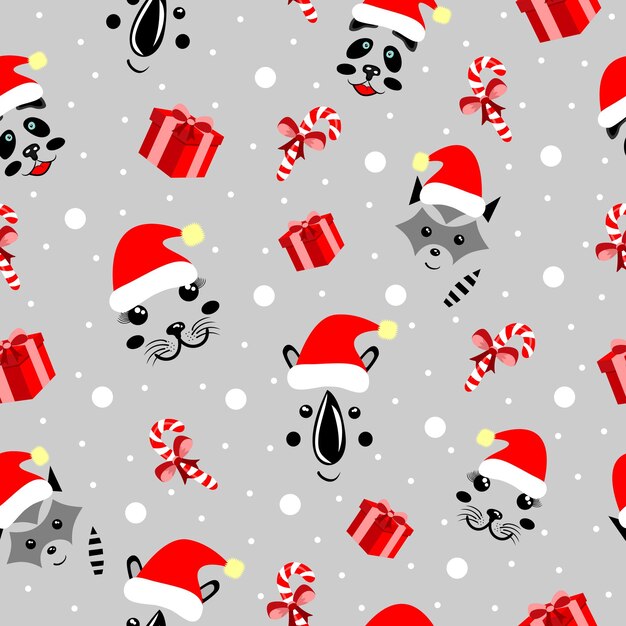 Christmas pattern animals cute mordochki with new years hats panda rhino sea corner units gray backgrounds parapets ledency snowflakes eps 10