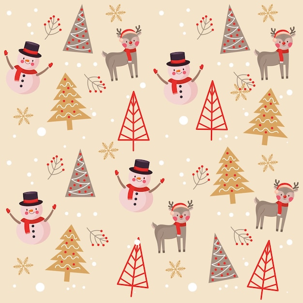 Christmas pattern background with snowman reindeers and trees .vector illustration